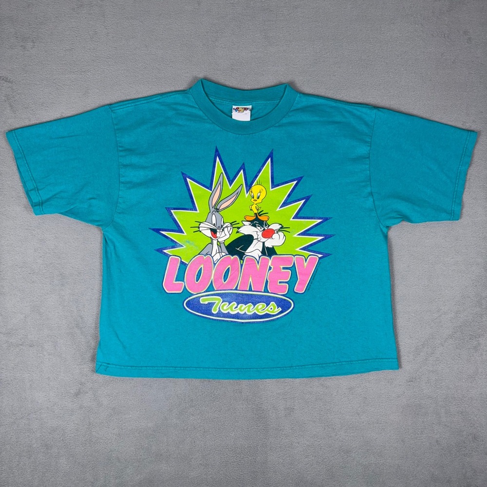 Vintage 90s Looney Tunes T Shirt Bugs Bunny Tweety Teal Cropped Boxy Graphic‎ XL